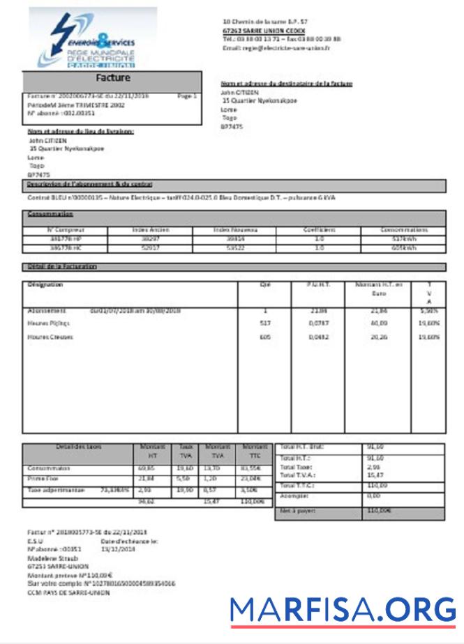Downloadable France Energies & Services Régie Municipal d’ Electricité Sarre Union electricity utility bill sample